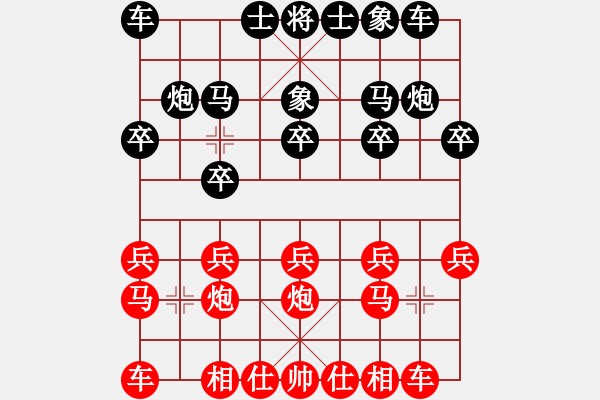 象棋棋譜圖片：后負(fù)屏風(fēng)馬對(duì)中炮，平炮中路閃將抽車失敗丟馬，出將解臥槽致速敗 - 步數(shù)：10 