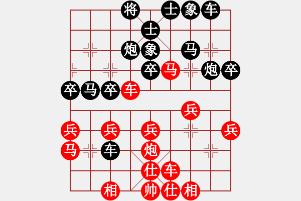 象棋棋譜圖片：五七炮對(duì)屏風(fēng)馬紅進(jìn)三路馬跨河黑炮8進(jìn)1 紅棄七炮 - 步數(shù)：30 