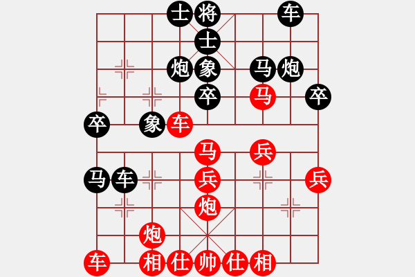 象棋棋譜圖片：快樂棋社 吉林楊田 先勝 晉陽—楊明 七炮互進三兵對屏風(fēng)馬邊卒右馬外盤河 - 步數(shù)：30 