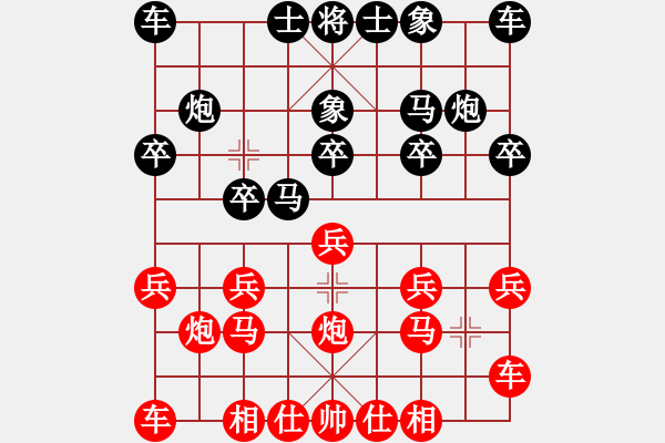 象棋棋譜圖片：4a3-2（1）騎河炮 橫車雙中炮 車占卒林 相口馬布局 - 步數(shù)：10 