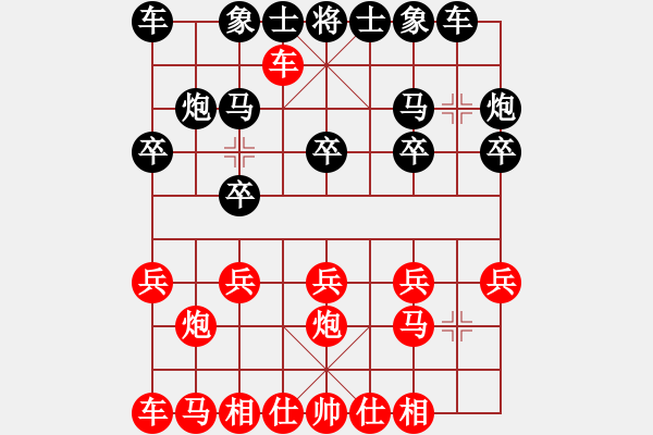 象棋棋譜圖片：屏風(fēng)馬對中炮橫車急進(jìn)中兵單馬盤頭馬（黑也可先架中炮車從底線進(jìn)攻） - 步數(shù)：10 