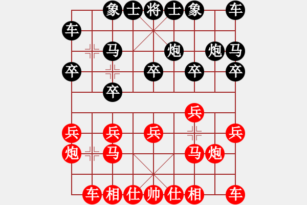 象棋棋谱图片：E04后13 仙人指路对过宫炮红右三步虎变解拆。 - 步数：10 