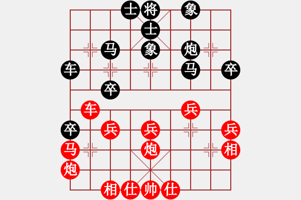 象棋棋譜圖片：奕靜(無極)-和-白虎戰(zhàn)神三(天罡) 五七炮互進三兵對屏風(fēng)馬邊卒右馬外盤河 紅左橫車對黑飛右象 - 步數(shù)：40 