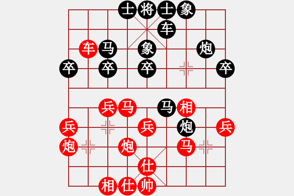 象棋棋譜圖片：中跑七路馬橫車(chē)進(jìn)七兵對(duì)屏風(fēng)馬進(jìn)7卒（紅進(jìn)河口馬對(duì)黑右炮過(guò)河）巔峰對(duì)決(9段)-勝-贛水蒼茫(月將) - 步數(shù)：30 