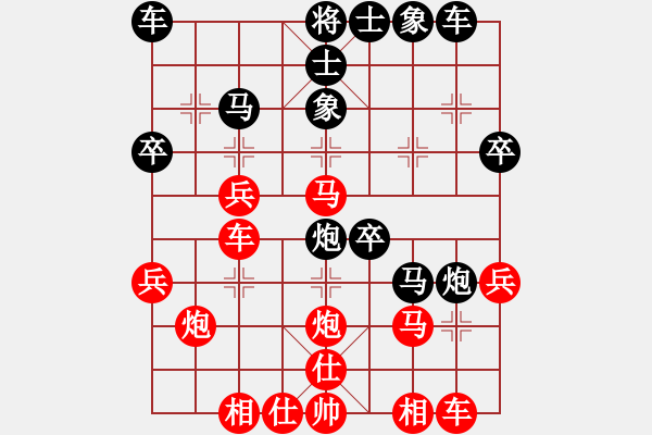 象棋棋譜圖片：中炮七路馬對(duì)屏風(fēng)馬雙炮過(guò)河--紅外肋馬對(duì)黑補(bǔ)右士象 - 步數(shù)：30 