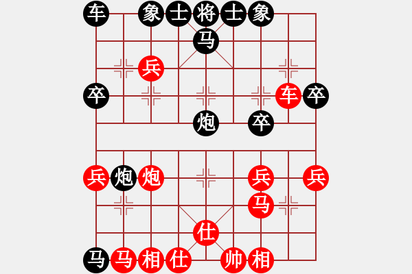 象棋棋譜圖片：20170704 后勝天天業(yè)6-2 五七炮七兵不過(guò)河車對(duì)屏風(fēng)馬7卒 黑炮8進(jìn)4 紅兵七進(jìn)一 馬3退5 - 步數(shù)：30 