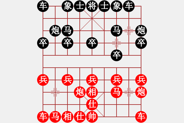 象棋棋譜圖片：實(shí)戰(zhàn)對(duì)局-起馬對(duì)進(jìn)７卒_紅右相肋車對(duì)3步虎后三子歸邊 - 步數(shù)：10 