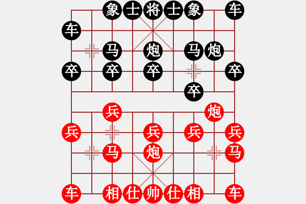 象棋棋譜圖片：讓先順炮雙炮搶中卒對直車巡河炮局 - 步數(shù)：10 