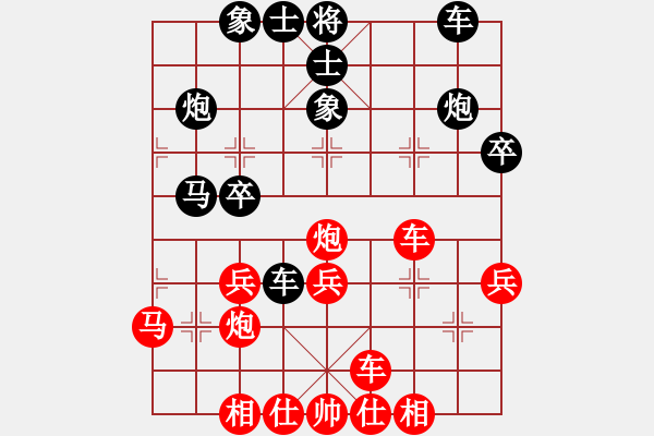 象棋棋譜圖片：五七炮進(jìn)三兵對(duì)屏風(fēng)馬黑大出車（均勢(shì)） - 步數(shù)：30 