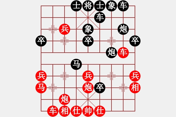 象棋棋譜圖片：中炮過(guò)河車(chē)對(duì)屏風(fēng)馬橫駒左象盤(pán)河馬變例黑盤(pán)河馬紅沖兵還是黑稍?xún)?yōu) - 步數(shù)：30 