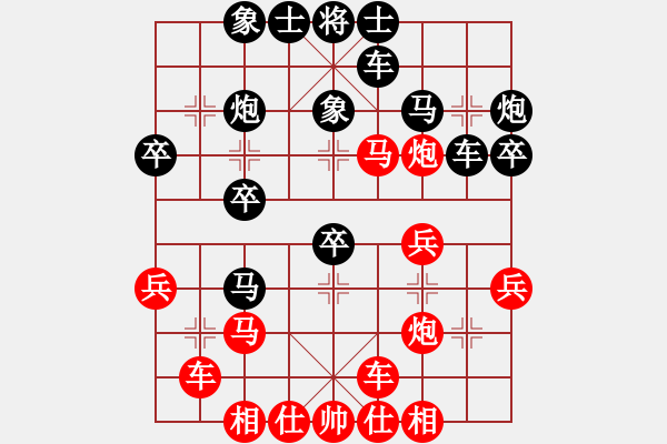 象棋棋譜圖片：五八3.右橫。馬三進四。車九進一。炮八平三。馬四進六。兵五進一。馬六進四。車九平八 - 步數(shù)：30 