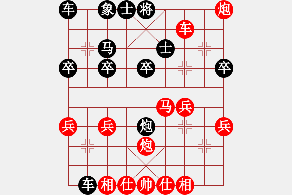 象棋棋譜圖片：順炮（W2）72順炮直車 巡河炮 棄馬吃馬 炮打象攆將 棄車吃炮吸車 重炮將軍吸炮 進(jìn)馬 借馬炮雙將 - 步數(shù)：30 