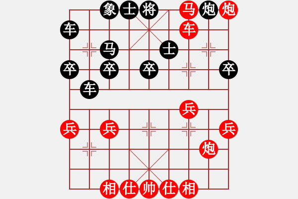 象棋棋譜圖片：順炮（W2）72順炮直車 巡河炮 棄馬吃馬 炮打象攆將 棄車吃炮吸車 重炮將軍吸炮 進(jìn)馬 借馬炮雙將 - 步數(shù)：40 