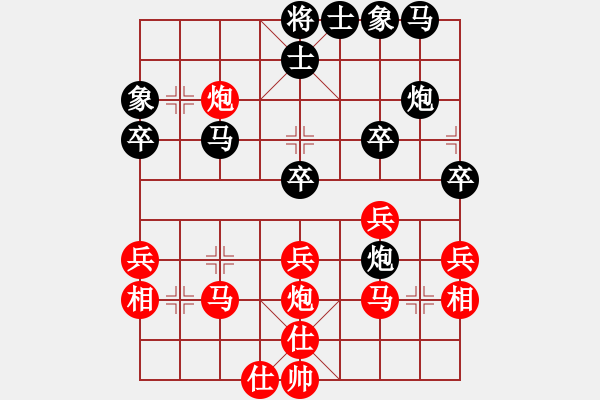 象棋棋譜圖片：第三章 近代列炮一左炮封車轉(zhuǎn)列炮 第四節(jié) 紅進(jìn)正馬不進(jìn)七兵式 互進(jìn)正馬過河炮（二） - 步數(shù)：36 