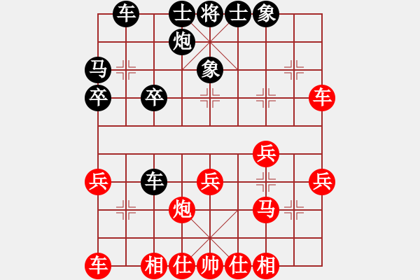 象棋棋譜圖片：《順炮全集》順炮直車對橫車（5）：正馬三兵對右肋車―黑兵線車 - 步數(shù)：29 