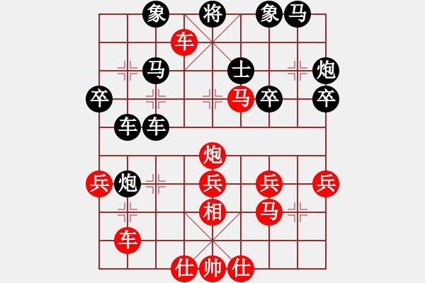 象棋棋譜圖片：煙臺(tái)棋圣(8段)-勝-面包師傅(6段)中炮巡河車對(duì)屏風(fēng)馬 紅不進(jìn)左馬 - 步數(shù)：40 