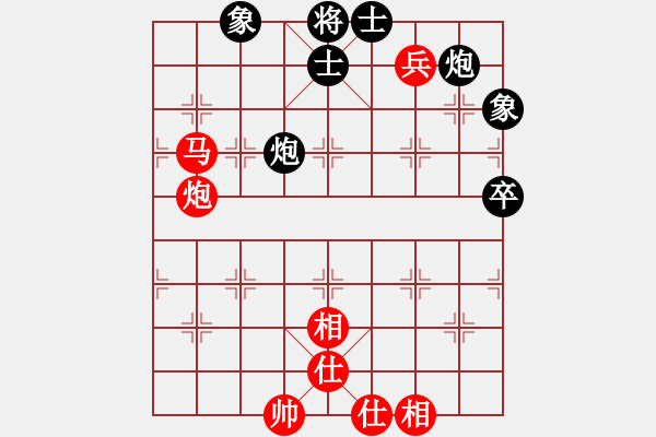 象棋棋譜圖片：      五八炮進(jìn)三兵邊馬對(duì)屏風(fēng)馬飛右象[黑沖兌7卒紅平炮壓馬]w(1)15a1 - 步數(shù)：100 