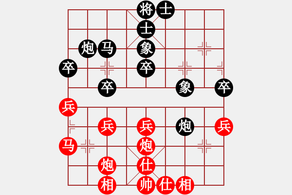 象棋棋譜圖片：      五八炮進(jìn)三兵邊馬對(duì)屏風(fēng)馬飛右象[黑沖兌7卒紅平炮壓馬]w(1)15a1 - 步數(shù)：40 