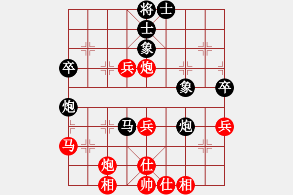 象棋棋譜圖片：      五八炮進(jìn)三兵邊馬對(duì)屏風(fēng)馬飛右象[黑沖兌7卒紅平炮壓馬]w(1)15a1 - 步數(shù)：50 