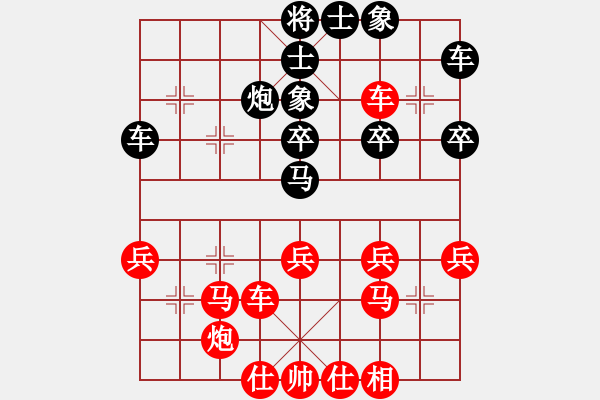 象棋棋譜圖片：第三回合黑方走馬8進(jìn)7有問題。不過，如果這步棋走馬2進(jìn)4，黑方接下來局面仍然被動(dòng)。 - 步數(shù)：30 