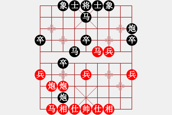 象棋棋譜圖片：3--2---進(jìn)炮壓馬---炮8平9 兵三進(jìn)一---均勢 - 步數(shù)：28 