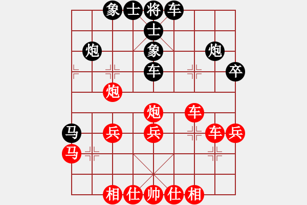 象棋棋譜圖片：五七炮進(jìn)三兵對(duì)屏風(fēng)馬黑大出車（和棋） - 步數(shù)：40 