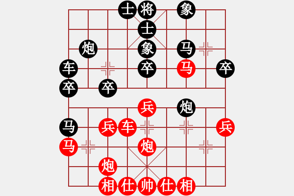 象棋棋譜圖片：C77 五七炮互進(jìn)三兵對(duì)屏風(fēng)馬邊卒右馬外盤河 紅左橫車對(duì)黑飛右象 - 步數(shù)：30 