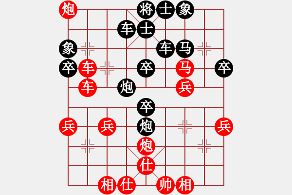 象棋棋譜圖片：順炮直車對(duì)黑左橫車進(jìn)3卒35炮（紅優(yōu)） - 步數(shù)：40 