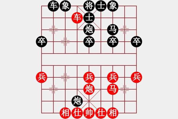 象棋棋譜圖片：順炮橫車對(duì)直車紅車壓黑肋黑邊馬紅五六炮正馬（紅多一中兵略優(yōu)） - 步數(shù)：30 