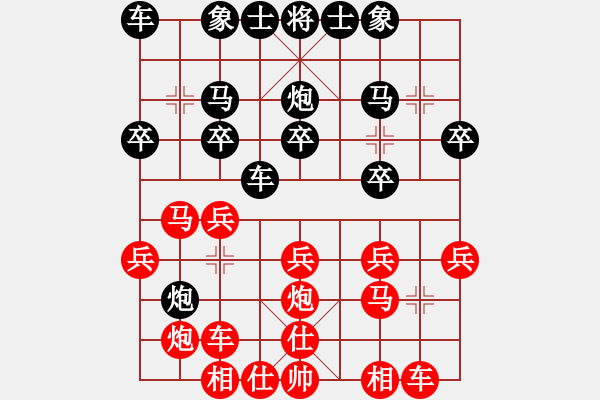 象棋棋譜圖片：順炮直車(chē)對(duì)緩開(kāi)車(chē) 黑過(guò)河炮 紅外馬封車(chē) 車(chē)九平七 - 步數(shù)：20 