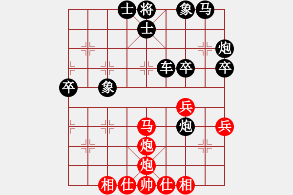 象棋棋譜圖片：五七炮進(jìn)三兵對(duì)屏風(fēng)馬（旋風(fēng)14層拆棋）和棋 - 步數(shù)：40 