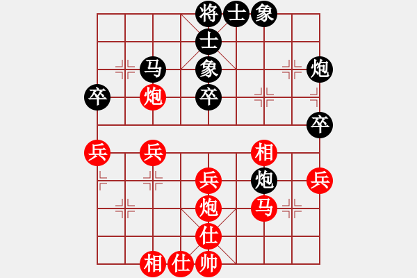 象棋棋譜圖片：五七炮七兵巡河車對(duì)屏風(fēng)馬右炮過河 變1 - 步數(shù)：40 