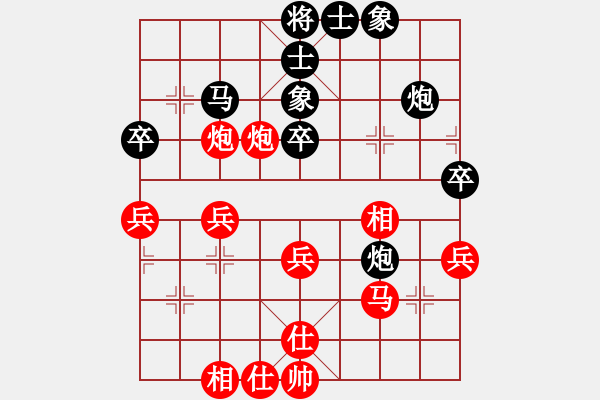 象棋棋譜圖片：五七炮七兵巡河車對(duì)屏風(fēng)馬右炮過河 變1 - 步數(shù)：43 