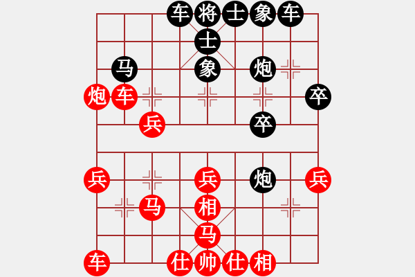 象棋棋譜圖片：中炮對(duì)屏風(fēng)馬左馬盤河飛右象黑急過(guò)河右炮（紅勝） - 步數(shù)：30 