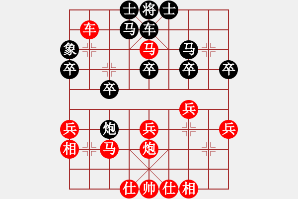 象棋棋譜圖片：順炮直車(chē)對(duì)黑左橫車(chē)進(jìn)3卒35炮車(chē)藏炮后（紅得子占優(yōu)) - 步數(shù)：30 