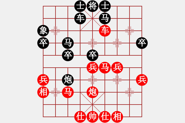 象棋棋譜圖片：順炮直車(chē)對(duì)黑左橫車(chē)進(jìn)3卒35炮車(chē)藏炮后（紅得子占優(yōu)) - 步數(shù)：40 