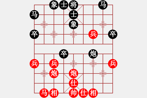 象棋棋譜圖片：一、互進(jìn)三兵黑上左象- 紅退馬捉炮進(jìn)中兵 黑進(jìn)炮頂車 RBH - 步數(shù)：40 