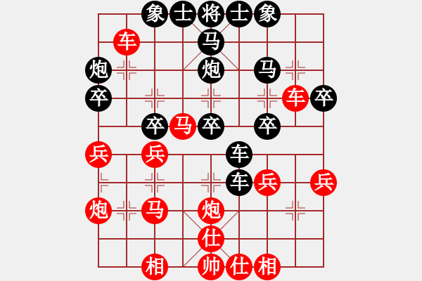 象棋棋譜圖片：順炮局緩開車進(jìn)7卒黑右橫車（紅勝） - 步數(shù)：30 