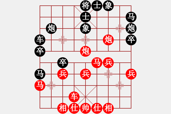 象棋棋譜圖片：先手五七炮互進(jìn)三兵對(duì)屏風(fēng)馬邊卒右馬外盤(pán)河 黑車1進(jìn)3 象3進(jìn)5變炫風(fēng)乾坤(無(wú)極)-勝-騎豬去沖浪( - 步數(shù)：30 