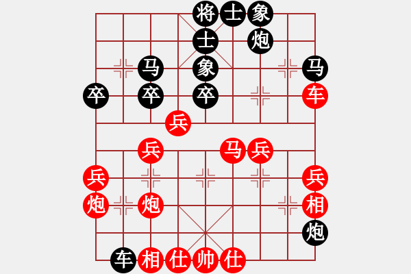 象棋棋譜圖片：中炮過(guò)河車(chē)進(jìn)七兵對(duì)屏風(fēng)馬進(jìn)7卒 急進(jìn)中兵，紅兵三進(jìn)一對(duì)黑象3進(jìn)5（兵五平六）  燒包(9段)-和-魔 - 步數(shù)：40 