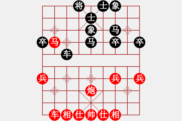 象棋棋譜圖片：《中炮橫車盤頭馬對屏風(fēng)馬》右橫車對進3卒類第06局 中兵渡河對左橫車(一) - 步數(shù)：36 