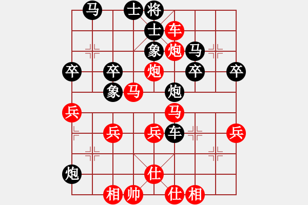 象棋棋譜圖片：巡河炮逐車攻馬變化之黑炮4進(jìn)6黑車1平2兌車之炮7平6變 - 步數(shù)：40 