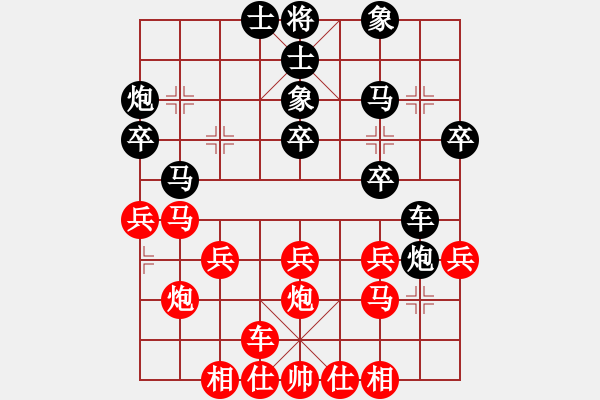 象棋棋譜圖片：五七炮不挺兵對(duì)屏風(fēng)馬進(jìn)７卒 黑左炮封車對(duì)紅左車過(guò)河[黑飛右象對(duì)紅進(jìn)三兵] - 步數(shù)：30 