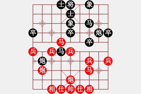 象棋棋譜圖片：五七炮不挺兵對(duì)屏風(fēng)馬進(jìn)７卒 黑左炮封車對(duì)紅左車過(guò)河[黑飛右象對(duì)紅進(jìn)三兵] - 步數(shù)：40 