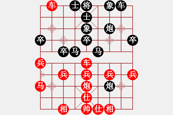 象棋棋譜圖片： 五七炮不挺兵對(duì)屏風(fēng)馬進(jìn)７卒 紅左直車(chē)對(duì)黑右直車(chē)右炮巡河[黑沖3卒對(duì)紅退車(chē)騎河]w3b - 步數(shù)：30 