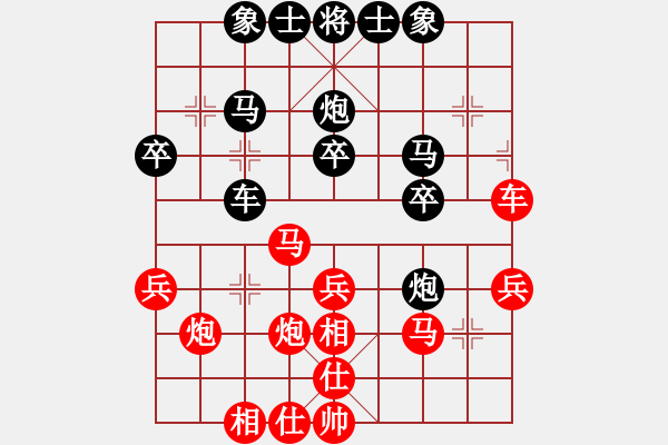 象棋棋譜圖片：過(guò)宮炮對(duì)黑7路卒7路炮（和棋） - 步數(shù)：30 