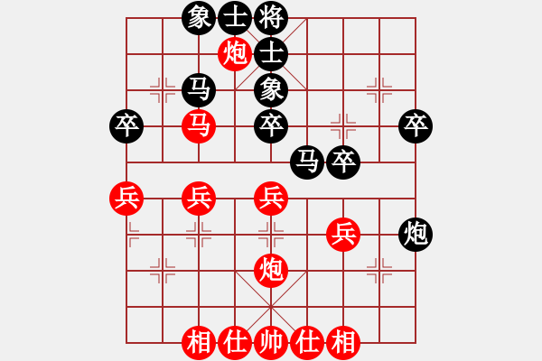 象棋棋譜圖片：五七炮不挺兵對(duì)屏風(fēng)馬進(jìn)７卒 黑右炮封車紅右車巡河車黑平炮兌車[黑飛左象對(duì)紅挺邊兵]w3(三)a - 步數(shù)：40 