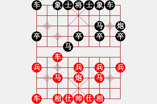 象棋棋譜圖片：20170308 先和天天業(yè)7-1 中炮巡河車對(duì)屏風(fēng)馬強(qiáng)挺3卒 車二平七 黑炮3進(jìn)5 - 步數(shù)：20 