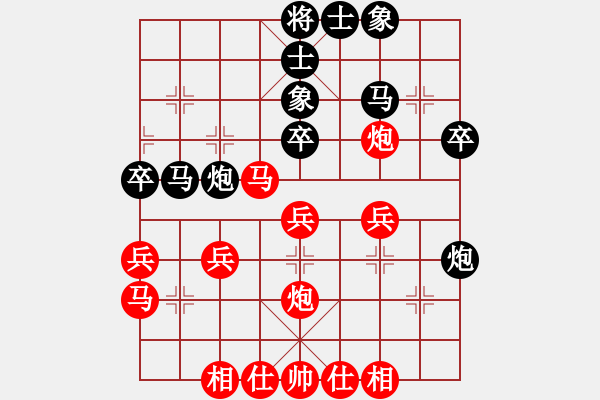 象棋棋譜圖片：第八章 中炮進(jìn)三兵對(duì)屏風(fēng)馬 第一節(jié) 五七炮進(jìn)三兵對(duì)屏風(fēng)馬式 第6局 紅直橫車(chē)對(duì)黑飛右象局（2） - 步數(shù)：40 