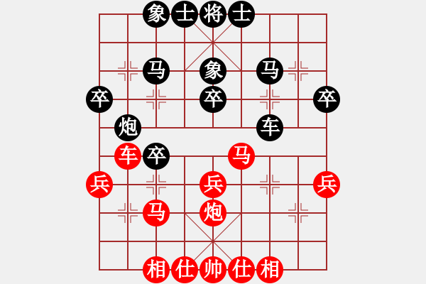 象棋棋譜圖片：進(jìn)馬互進(jìn)七兵[紅屏風(fēng)馬橫車對黑車平象位]紅盤河馬 &實(shí)戰(zhàn)WZy004x - 步數(shù)：30 